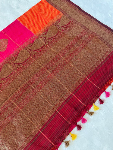 Dupion Pure Silk Saree | Orange | Pink & Maroon, Antique Zari, Handwoven in Banaras | Ships from California